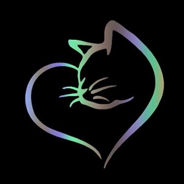 Imagem de Decalque de vinil impermeável refletivo de coração de gato fofo, adesivo estético divertido para janelas de carros, espelhos, para-choques, laptops 10 x 9 cm (colorido)