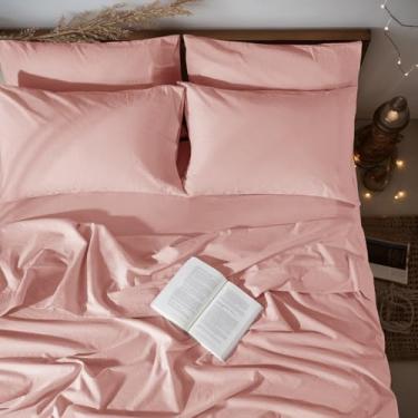 Imagem de LBRO2M Jogo de cama queen 100% linho, conjunto de lençóis de 6 peças, linho natural de cor lisa, macio, respirável, bolso profundo de 40,6 cm, todas as estações (Queen, rosa blush)