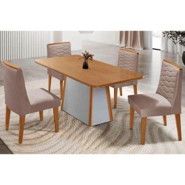 Imagem de Mesa Cozinha Tilia c/ Tampo Madeirado Canto Curvo 120x80cm e 4 Cadeiras Maldivas Madeira Maciça Naturale/Off White - Capuccino/Linho Capuccino-Rufato