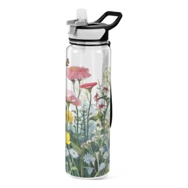 Imagem de Burbuja Garrafa de água Wildflowers de 946 ml com tampa de palha, à prova de vazamento e livre de BPA para academia, esportes ao ar livre