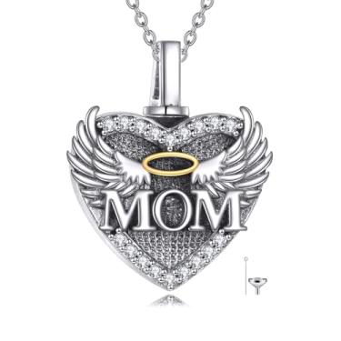 Imagem de VNRIOW Colar Mom Urna para Cinzas Prata Esterlina 925 Mãe Asas de Anjo Coração Cremação Memorial Lembrança Joias para Mulheres, com 45,7 cm + 5 cm Corrente de Aço Inoxidável