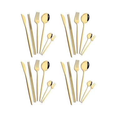 Imagem de Conjunto De Talheres De Aço Inoxidável Dourado 24 Peças: Faca, Garfo, 