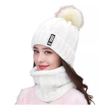 Imagem de Kit Touca Gorro PomPom Cachecol Gola Forrada Lã Inverno Frio - Modas F
