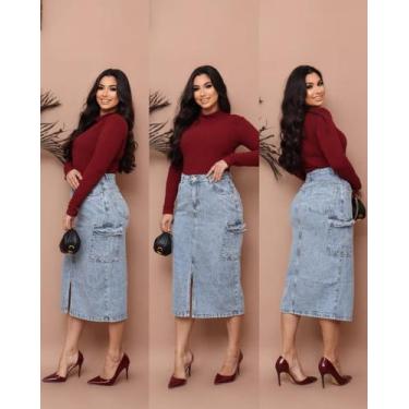 Imagem de Saia Jeans Cargo Longa Feminina Com Abertura e Bolsos Moda Cristã Evan