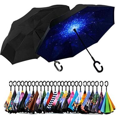 Imagem de SIEPASA Guarda-chuva invertido invertido de cabeça para baixo, guarda-chuva de golfe duplo extra grande ventilado à prova de vento à prova d'água com alça em forma de C. (preto e estrelado/pacote com