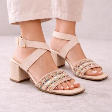 Imagem de Sandalia Feminina Salto Medio Grosso Pedrarias Strass Fivela Confortav