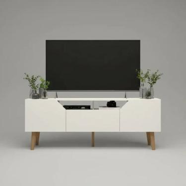 Imagem de Rack para Tv 52 Polegadas 3 Portas e Nichos Estilo Retrô Branco