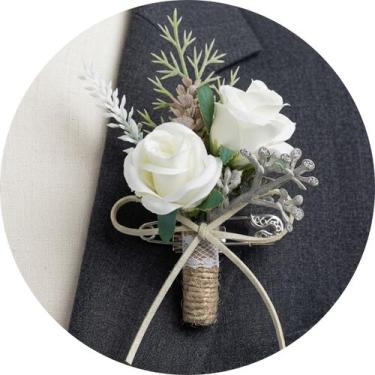 Imagem de Broche Flor de Lapela Masculina Rosas Brancas e Ramo Rústico - - anjo 
