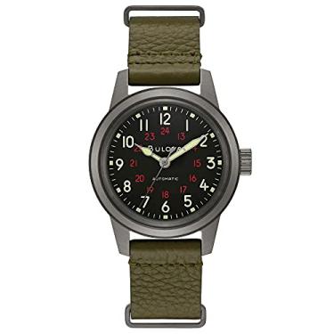 Imagem de Bulova Relógio automático masculino com 3 ponteiros de aço inoxidável cinza e estilo do mostrador preto com pulseira de couro verde da NATO, Verde, One Size, Pulseira de couro de aço inoxidável cinza automática militar