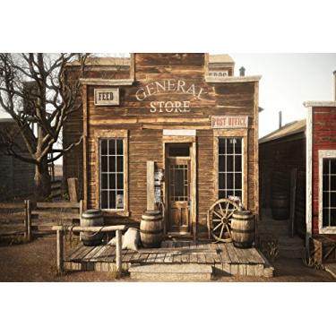 Imagem de Cenário de fotografia Western General Store - Yeele 2,1 x 1,5 m Old Western Town Rustic Post Office Round Barrel Wagon Wheel Photo Background Cowboy Theme Party Banner Children Boys Photo Shoots Adereços
