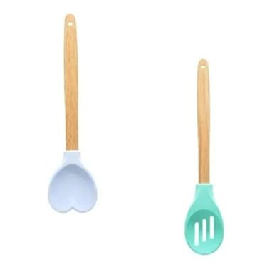 Imagem de Kit 2 Peças Colher Silicone + Espatula Coração C Cabo Bambu (Rosa)