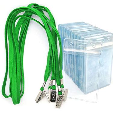 Imagem de Cordões Bird Fiy com crachás de identificação, etiquetas com nome, 50 cordões com clipe Bulldog e 50 suportes de cartão de identificação vertical de plástico transparente à prova d'água, Verde