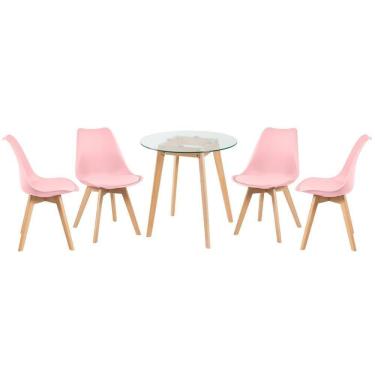 Imagem de Mesa Redonda Com Tampo De Vidro 70 Cm + 4 Cadeiras Leda Rosa