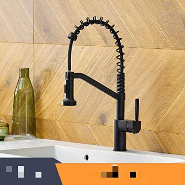 Imagem de Torneiras de cozinha escova torneiras de bronze para pia de cozinha de alavanca única pull out primavera bico misturadores torneira de água quente e fria guindaste, 9013, preto, china