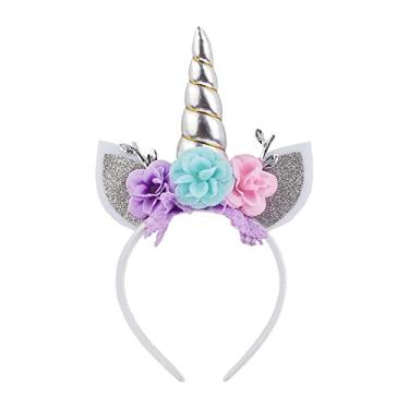 Imagem de Nishine Faixa de cabeça de unicórnio flor orelha de gato unicórnio chifre de unicórnio perfeita para suprimentos de festa lembrancinha fantasia (prata)