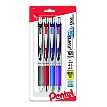 Imagem de Pentel Caneta de gel líquido retrátil EnerGel RTX, linha média, ponta de metal, tinta sortida, pacote com 4 (BL77BP4M)