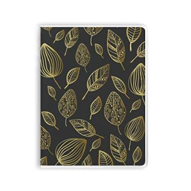 Imagem de Caderno de plantas com desenho de folhas douradas, capa de goma