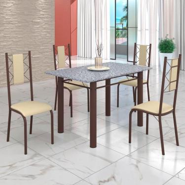 Imagem de Conjunto Sala de Jantar Bahia Mesa Tubo 120x75cm Tampo Pedra Granito Ocre com 4 Cadeiras Creme/Marrom