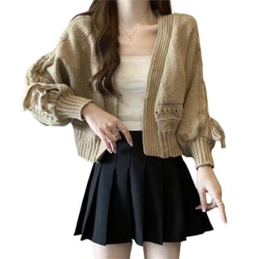 Imagem de Jaqueta de suéter de manga lanterna de cor sólida feminina, cardigã de malha bonito, jaqueta de suéter de malha curta feminina (D,XXL)