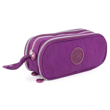 Imagem de Estojo Escolar Feminino Masculino Grande 3 Zíperes Resistente Papelaria Fofa Infantil Lápis Canteas Marcadores Lapiseiras Borrachas Apontadores Com Alça Liso Básico (Roxo)