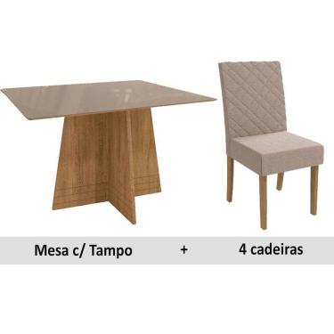 Imagem de Conjunto: Mesa Sala Jantar Lótus c/ Tampo Madeirado c/ Vidro 105cm + 4 Cadeiras CAD133 Freijó/Bronze/Bege - Kappesberg