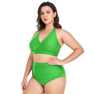 Imagem de Biquíni feminino plus size, cintura alta, 2 peças, frente única, franzido com parte inferior, Verde limão, 3G Plus Size
