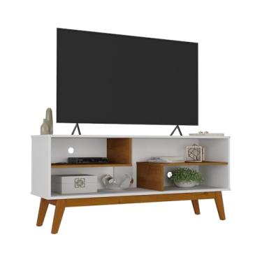 Imagem de Rack Nature 1.36 Tv 55 Polegadas Decoração Sala Estar Recepção Nichos Prateleiras Organizadoras Pés Retrô Madeira - Lojas RPM (Branco Acetinado/Cinamomo)