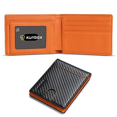 Imagem de RUNBOX Carteira masculina fina com 11 compartimentos para cartão de crédito, couro com bloqueio de RFID, pequena, fina, dobrável, bolso frontal, caixa de presente de grande capacidade, borda preta