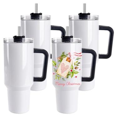 Imagem de D·S Pacote com 4 copos de sublimação 1,134 g com alça em branco isolado grande copo a granel, copos de viagem de café caneca de viagem de aço inoxidável para artesanato diy impressão de prensa térmica