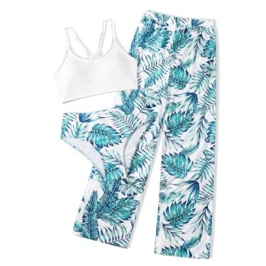 Imagem de NECIOUS Biquíni para meninas, biquíni de 3 peças, roupa de banho floral tropical com calça de saída de praia 7-16 anos, Branco, azul, 7-8 Anos
