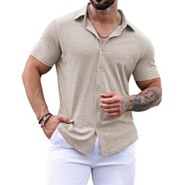 Imagem de URRU Camisa social masculina de manga curta slim fit stretch casual abotoada, Caqui, M