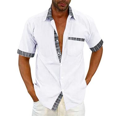 Imagem de Camisa masculina casual de linho de algodão manga curta xadrez leve abotoada camisa cubana férias praia camisas sociais, 011 - Branco, 3G