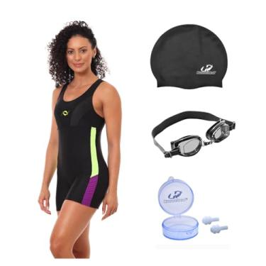 Imagem de Kit Macaquinho Natação Hidroginástica com Touca Óculos UV E Protetor (Preto/Amarelo/Roxo - Óculos Preto (Lente Fumê), XGG)