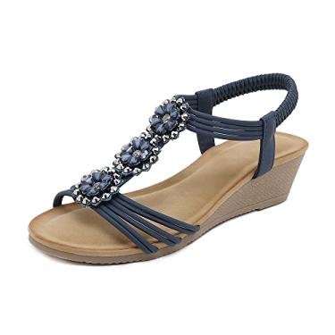 Imagem de Youpin Source Sandálias femininas estilo boêmio retrô confortável salto plataforma aberto sandálias de strass floral verão 3217-6, Azul, 38