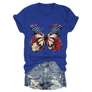 Imagem de Camiseta feminina PKDong de 4 de julho com estampa de flores de borboleta, estampa da bandeira americana, manga curta, camisetas patrióticas femininas, Azul, P
