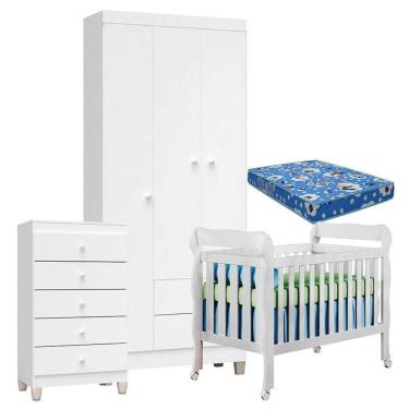 Imagem de Quarto De Bebê 3 Portas Com Gaveteiro Ternura Baby E Berço Branco Brilho Com Colchão