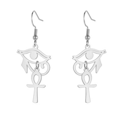 Imagem de Brincos de olho de Hórus Ankh para mulheres de aço inoxidável olho egípcio antigo de Hórus com cruz Ankh | Joias de proteção de brinco com pingente de asa dupla, Aço inoxidável, Sem pedra preciosa