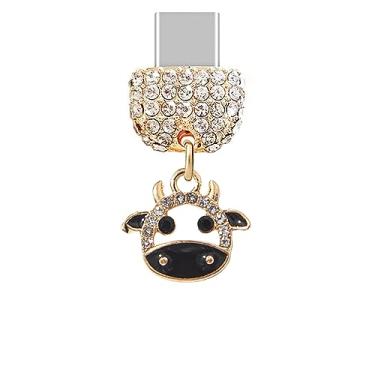 Imagem de ELISE & FONDA TP215 Tipo-C porta de carregamento USB plugue de cristal antipoeira pingente de vaca pequena pingente para celular Samsung Galaxy/Huawei/OnePlus/Xiaomi/oppo telefones Android (preto),