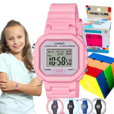 Imagem de Kit Relógio Casio Infantil Meninas Meninos Digital Resistente Agua Pequeno Alarme Preto LA-20WH + Cubo Magico