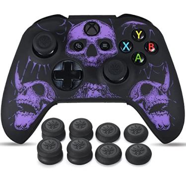Imagem de YoRHa Película de silicone para esculpir a laser para Xbox One S/X Controller x 1 (caveiras roxas) com punhos exclusivos x 8