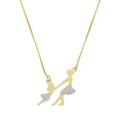 Imagem de Gargantilha com pingente Mãe e Filha Menina de mãos Dadas, banho Ouro 