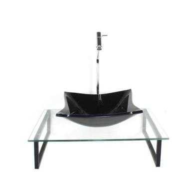 Imagem de Kit cuba de vidro quadrada 10mm preta tampo 50cm incolor com suporte t