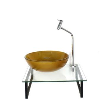 Imagem de Kit cuba de vidro redonda 10mm dourado real tampo 40cm incolor com sup