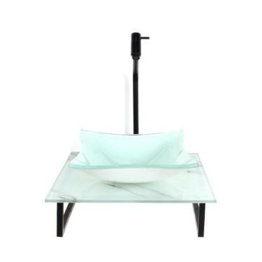 Imagem de Kit cuba de vidro quadrada 10mm com tampo de vidro 40cm x 40cm mármore