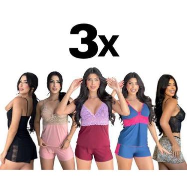 Imagem de Kit Com 3 Baby Doll Pijama Feminino Com Renda E Alça Regulável MadameX