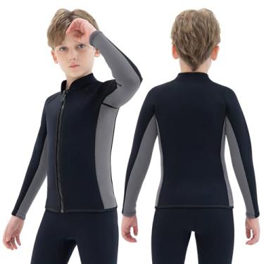 Imagem de REALON Jaqueta infantil de neoprene com zíper frontal de manga comprida para natação, surfe, mergulho, snorkeling, esportes aquáticos