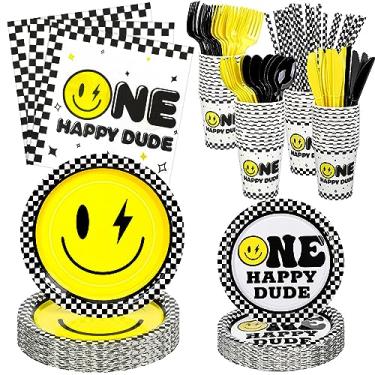 Imagem de Norme 344 peças de decorações de aniversário One Happy Dude para festa de rosto sorridente para servir 24 convidados, inclui pratos de papel descartáveis 7 em 9 em 9 em facas descartáveis garfo colher