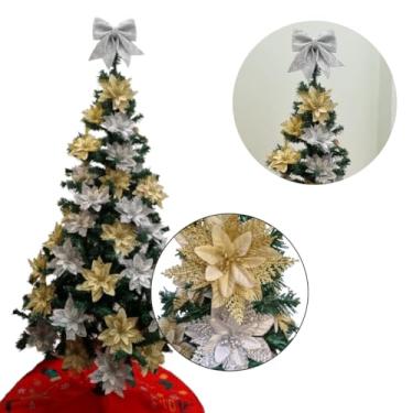 Imagem de Árvore De Natal Decorada 1,50m 300 Galhos Flor Laço Luxuosa Pinheiro Verde Ártificial Cedros Enfeites Decoração Festa Bola Natalino Flores Pendurar Ornamentos (Laço Prata)