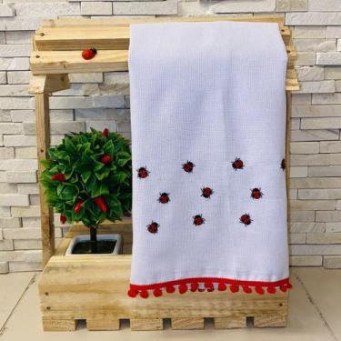 Imagem de Pano de Prato Copa Master Branco Bordado Joaninha Vermelha com Pompom 