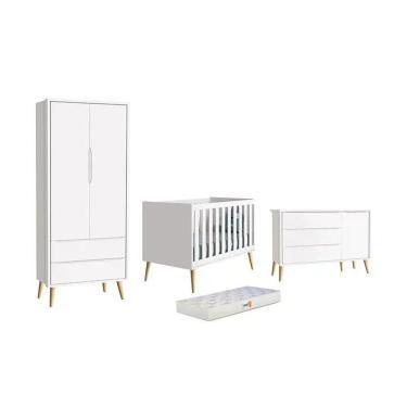 Imagem de Dormitório Theo 2 Portas, Cômoda Com Porta Branco Com Pés Madeira Natural E Colchão D18 Reller Móveis Branco